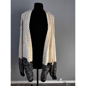Kye Mi Chunky Knit Cardigan Sweater Black Cream Oversized Open Front Large